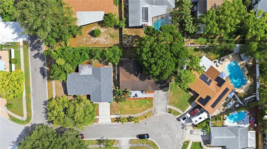 An aerial view shows three suburban houses with swimming pools, driveways, and mature trees — 391 WALNUT COURT, PALM HARBOR, FL