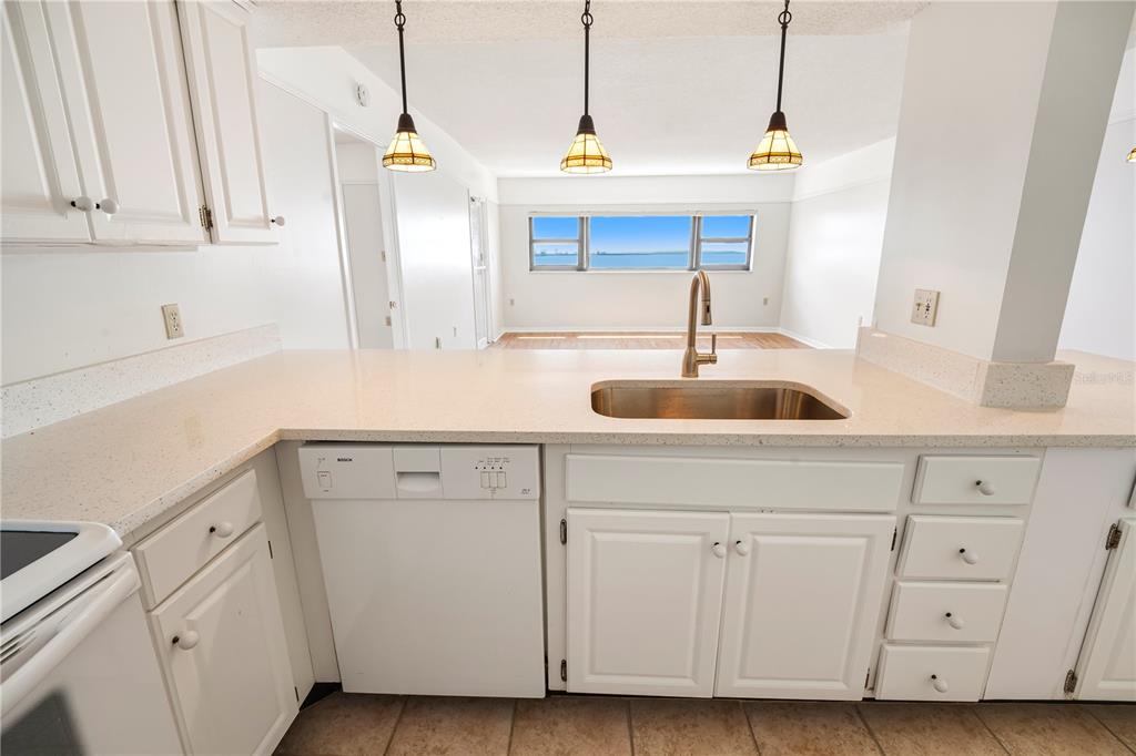 A white kitchen with a peninsula, stainless steel sink, and a view of the water — 4141 BAYSHORE BOULEVARD UNIT 602, TAMPA, FL