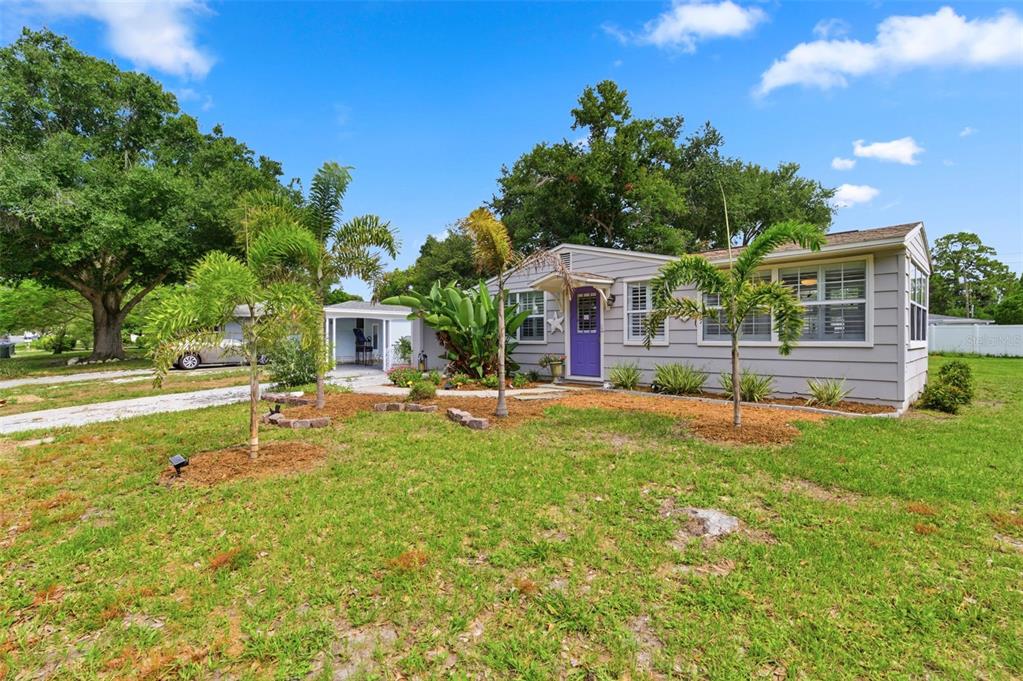 A single-story house with gray siding, a purple front door, and palm trees in the yard — 652 LEXINGTON STREET, DUNEDIN, FL