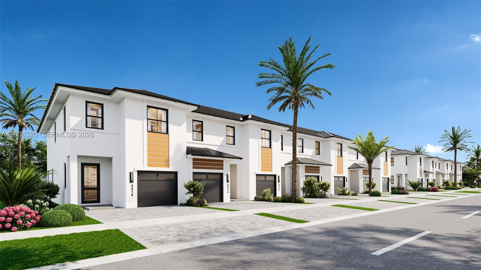 This is a digital rendering of a row of modern white townhouses with attached garages — 11427 SW 230 Terr, Miami FL 33170, MIAMI, FL