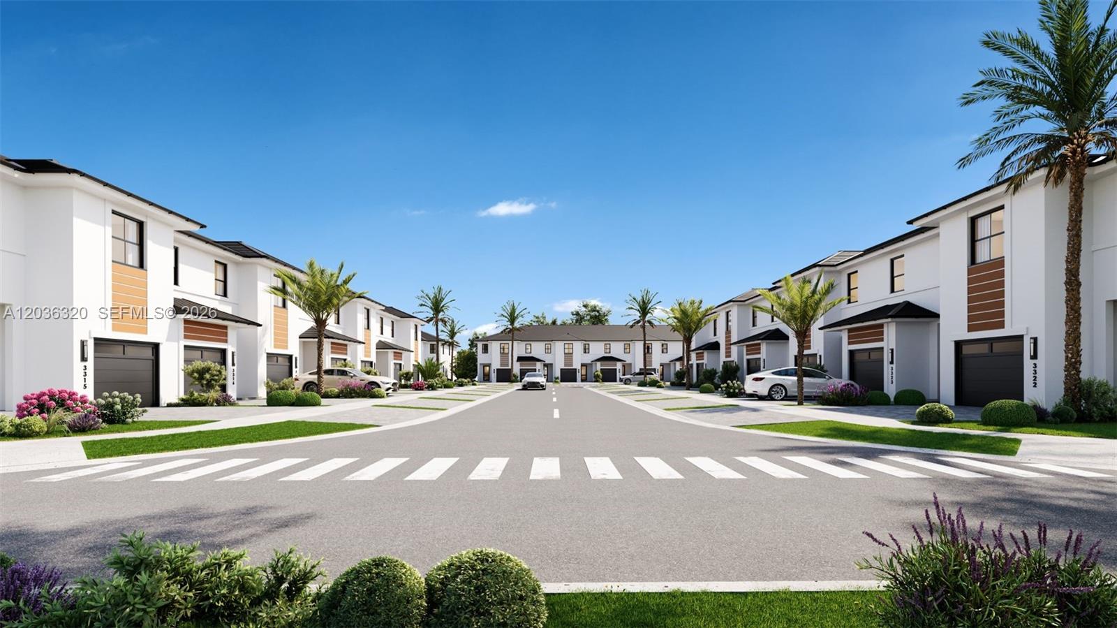 This is a digital rendering of a modern residential street lined with townhomes and palm trees — 11427 SW 230 Terr, Miami FL 33170, MIAMI, FL