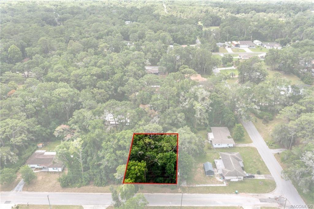 An aerial view shows a rectangular wooded lot outlined in red along a paved road — 5942 E BANNER LANE, INVERNESS, FL