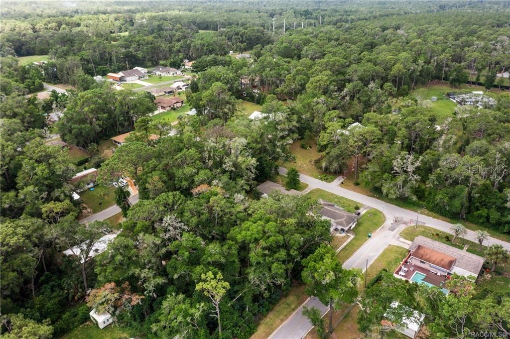 An aerial view shows a residential neighborhood surrounded by dense trees and wooded areas — 5942 E BANNER LANE, INVERNESS, FL