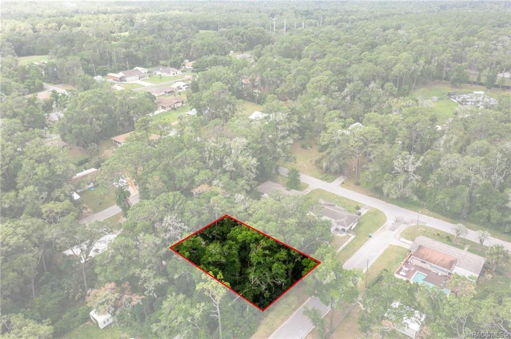 An aerial view shows a rectangular, wooded vacant lot outlined in red near a road — 5942 E BANNER LANE, INVERNESS, FL