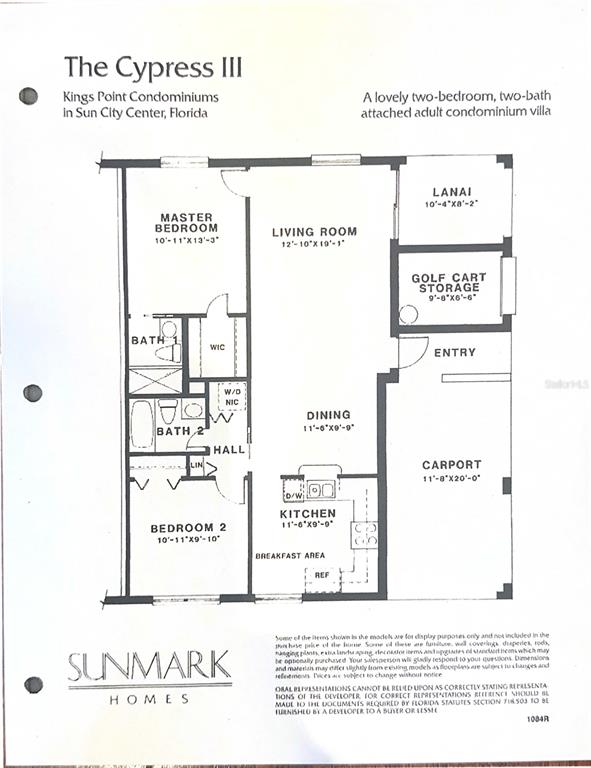 This is a floor plan for a two-bedroom, two-bath condominium villa with a carport — 2033 HAWKHURST CIRCLE UNIT 180, SUN CITY CENTER, FL