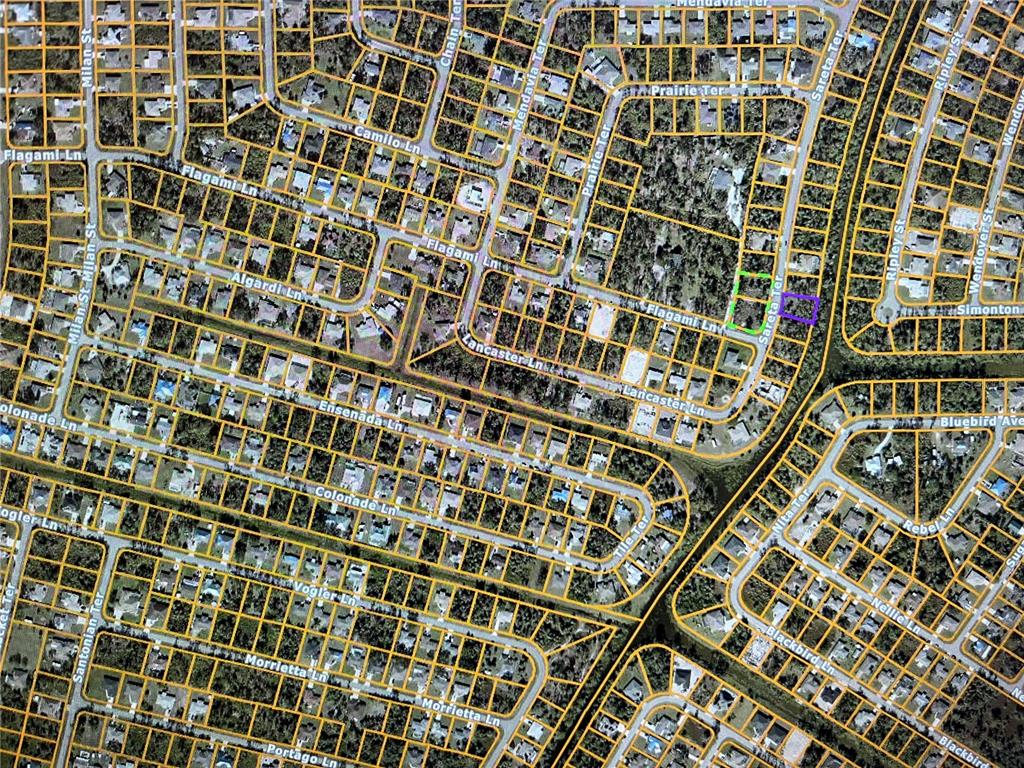 This is an aerial map showing residential property lots and street layouts in a neighborhood — LOT 38 SARETA TERRACE, NORTH PORT, FL