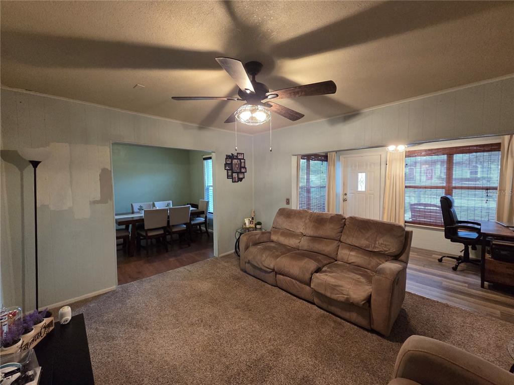 A living room with carpeted floors, a brown sofa, and an adjacent dining area — 124 E F ST, FROSTPROOF, FL