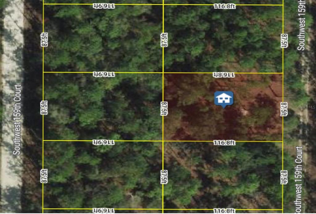 This is an aerial map showing four adjacent rectangular land parcels with their dimensions — 0 SW 159TH CT  &, OCALA, FL