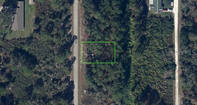 An aerial view shows a rectangular plot of land outlined in green amidst wooded terrain — 479 JOHNSON AVENUE NE, LAKE PLACID, FL