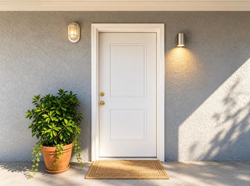 A white front door with brass hardware is centered on a gray stucco exterior wall — 301 CLARK STREET UNIT 2, MAITLAND, FL