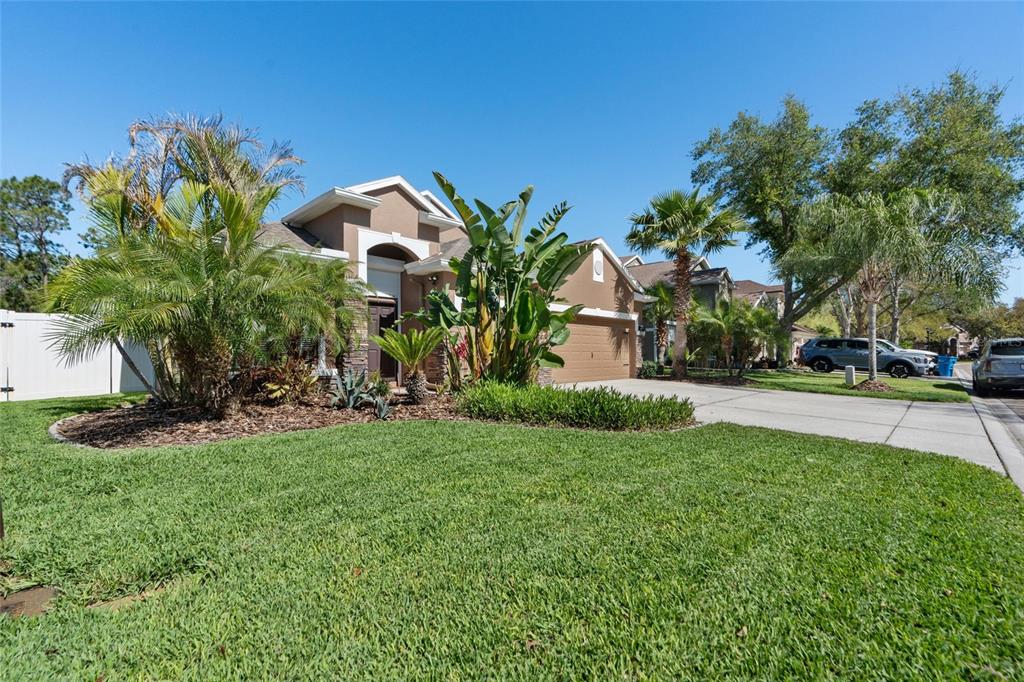 A single-story suburban house with a tan stucco exterior, a two-car garage, and tropical landscaping — 11129 OYSTER BAY CIRCLE, NEW PORT RICHEY, FL
