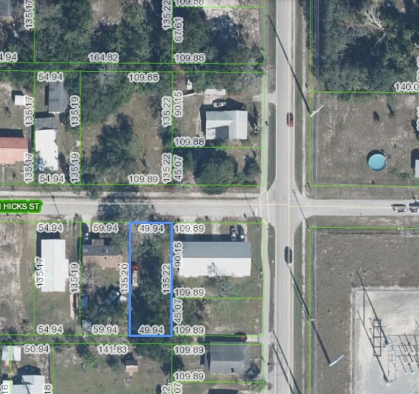 This is a satellite map view showing property lot lines and dimensions for a residential area — 322 BEN HICKS STREET, AVON PARK, FL