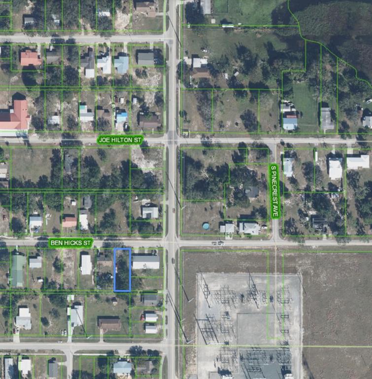 This is an aerial map showing a residential lot highlighted in blue near a street intersection — 322 BEN HICKS STREET, AVON PARK, FL