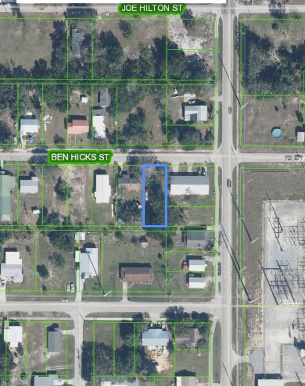 This is an aerial map showing a rectangular parcel of land highlighted in blue — 322 BEN HICKS STREET, AVON PARK, FL
