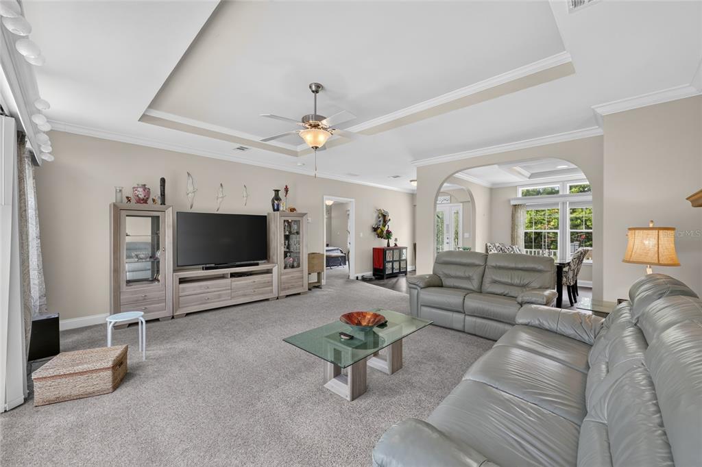 A living room features gray carpet, a tray ceiling, leather sofas, and a glass coffee table — 7131 NE 138TH TERRACE, WILLISTON, FL