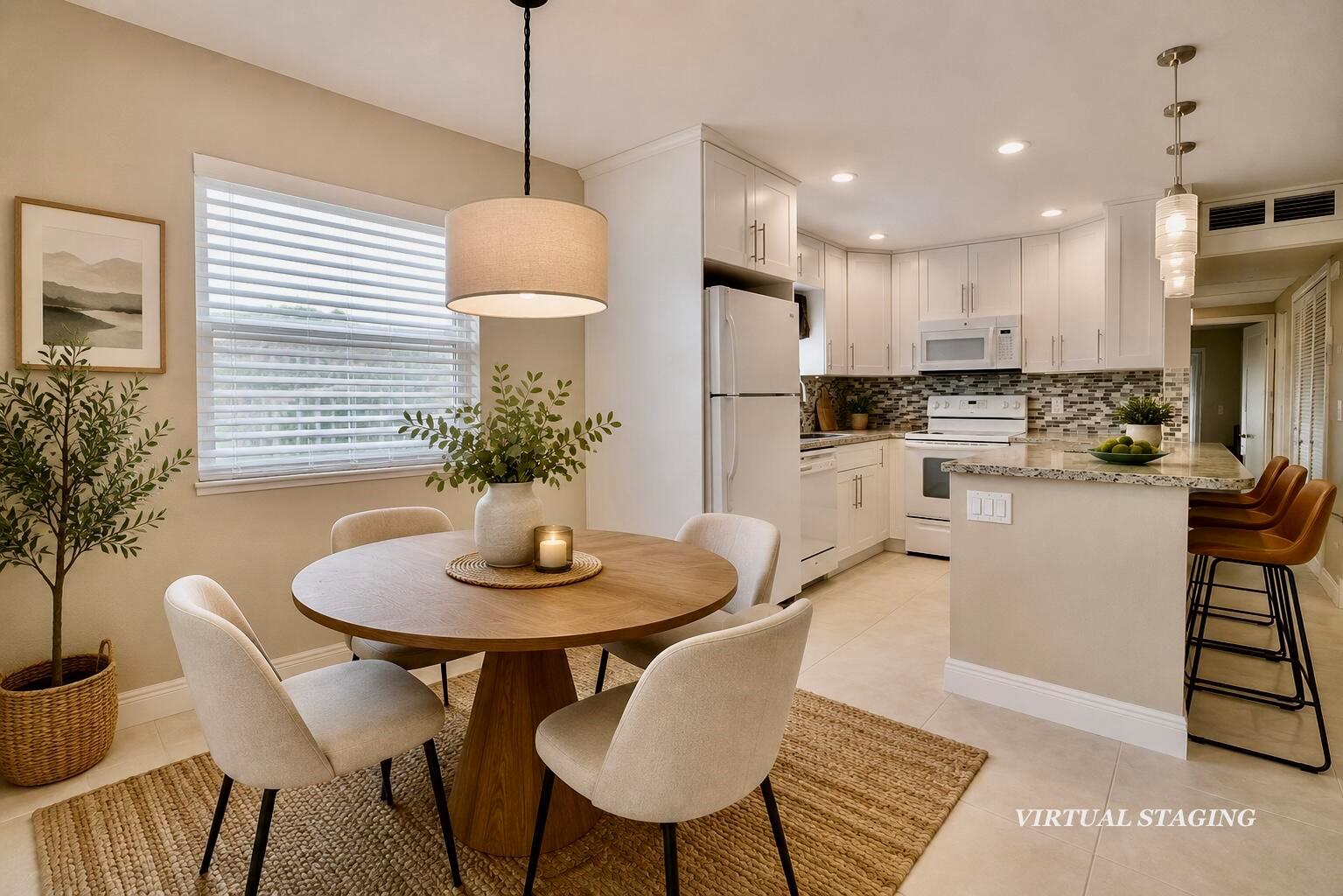 A kitchen and dining area featuring a round wooden table, white cabinets, and tile flooring — 176 Tuscany C # 176, Delray Beach FL 33446, DELRAY BEACH, FL