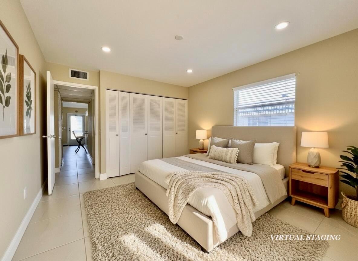 This bedroom features a bed with neutral bedding, a large area rug, and closet doors — 176 Tuscany C # 176, Delray Beach FL 33446, DELRAY BEACH, FL