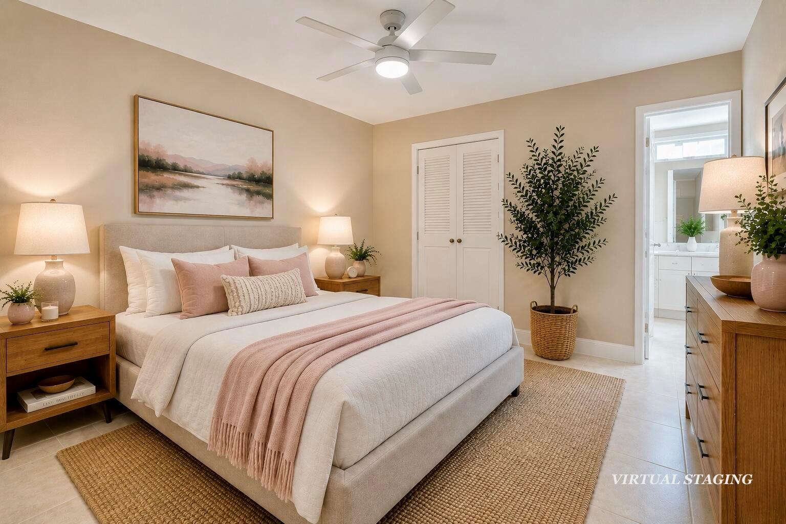 A bedroom with a queen bed, wooden nightstands, a dresser, and a ceiling fan — 176 Tuscany C # 176, Delray Beach FL 33446, DELRAY BEACH, FL