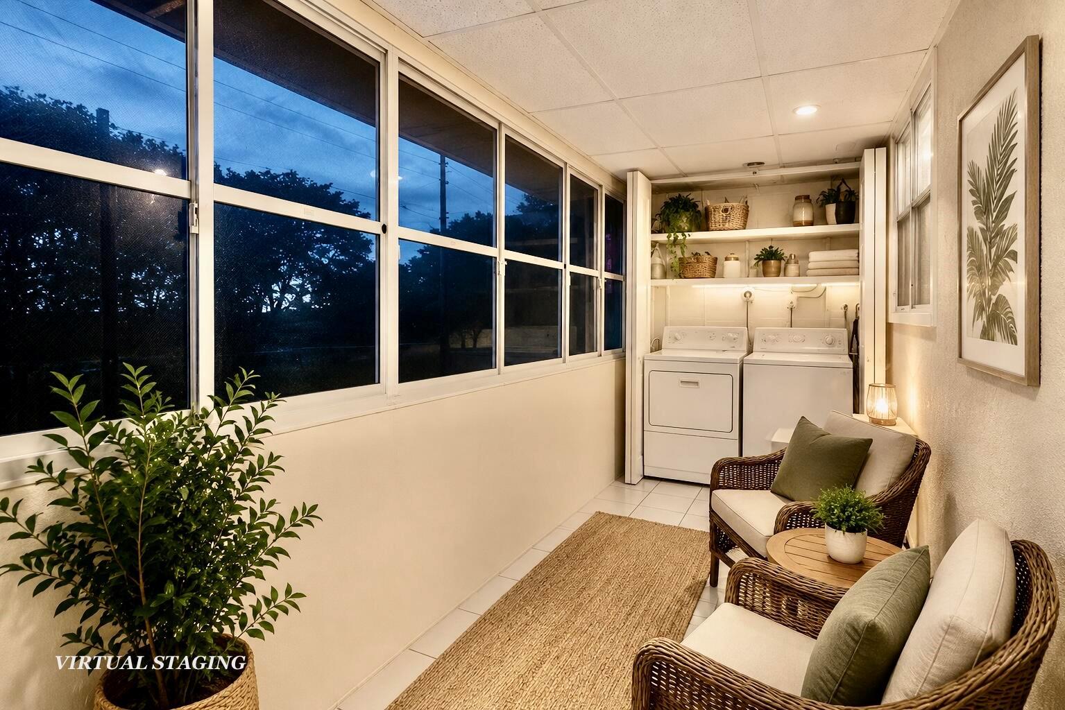 A sunroom features a laundry area with white appliances, wicker chairs, and large windows — 176 Tuscany C # 176, Delray Beach FL 33446, DELRAY BEACH, FL