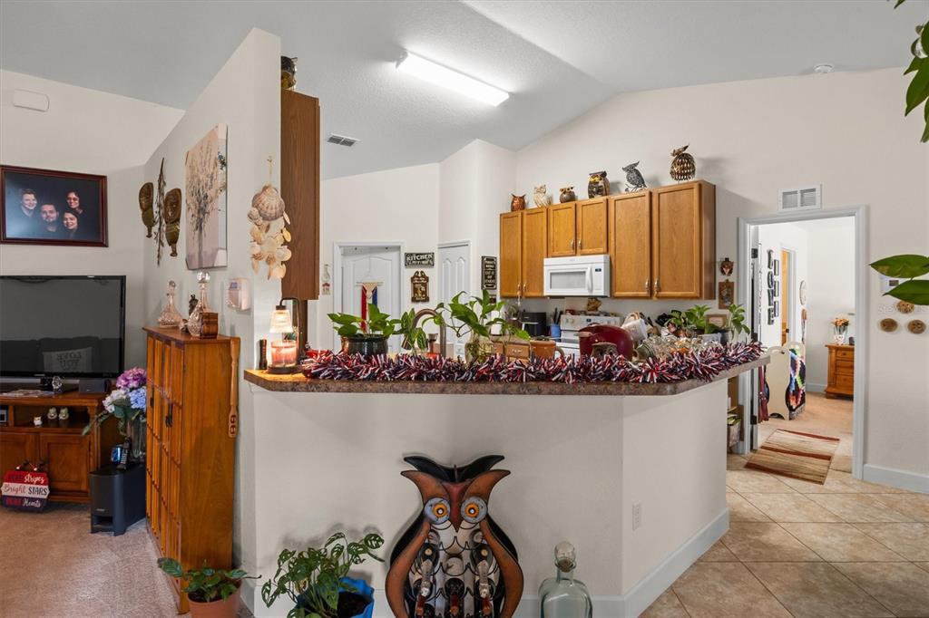 A kitchen with wood cabinets and a breakfast bar overlooks a living area with carpet — 2559 SUNSET CIRCLE, LAKE WALES, FL
