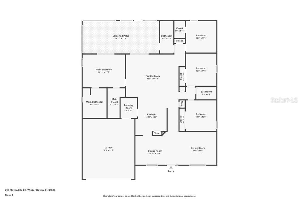 This is a floor plan for a single-story house with a garage and screened patio — 292 CLOVERDALE ROAD, WINTER HAVEN, FL