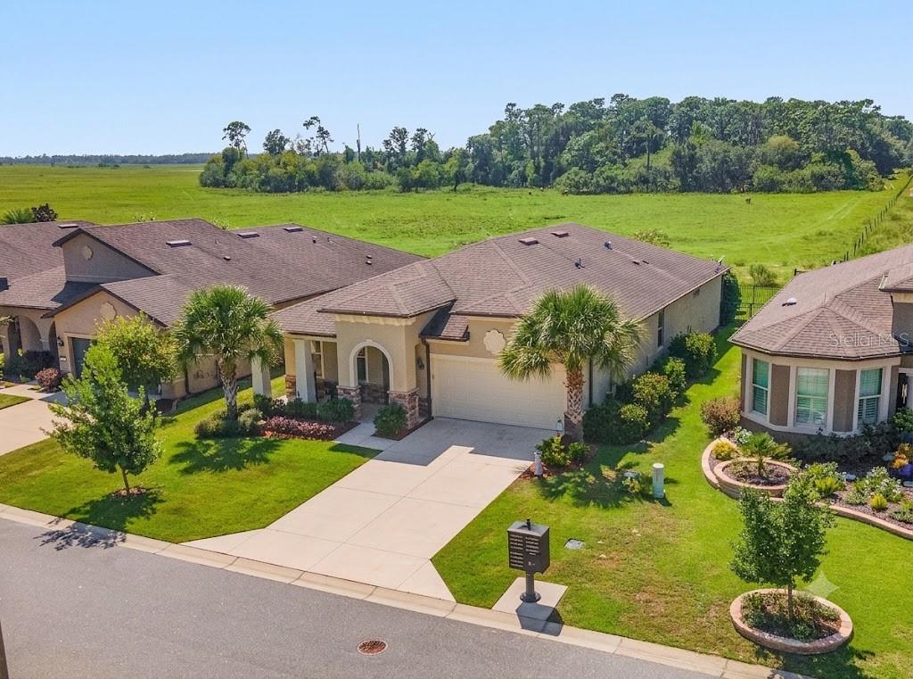A single-story stucco house with a two-car garage, arched entryway, and palm trees in front — 9793 SW 63RD LOOP, OCALA, FL