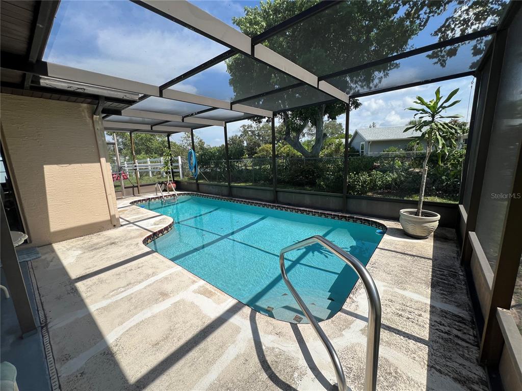 A screened-in swimming pool with a concrete deck and a metal handrail — 7828 ROYAL STEWART DRIVE, NEW PORT RICHEY, FL