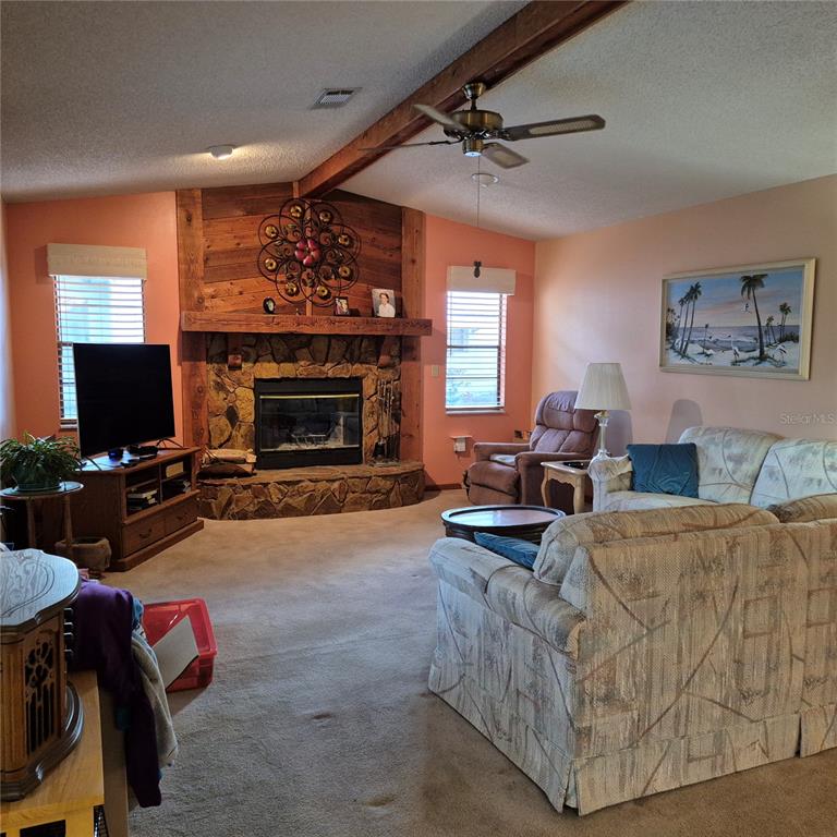 A living room features a stone fireplace, wood-paneled accent wall, carpeted floors, and vaulted ceilings — 7828 ROYAL STEWART DRIVE, NEW PORT RICHEY, FL