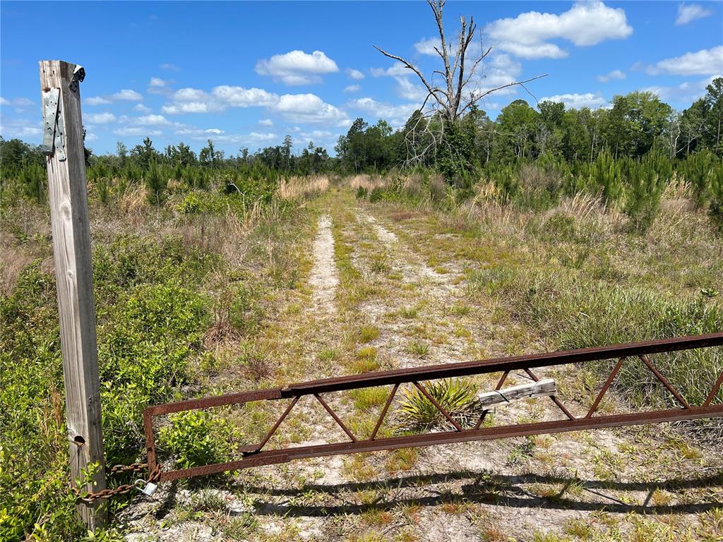 A dirt path leads through a rural field behind a metal gate and wooden post — HWY 40, DUNNELLON, FL