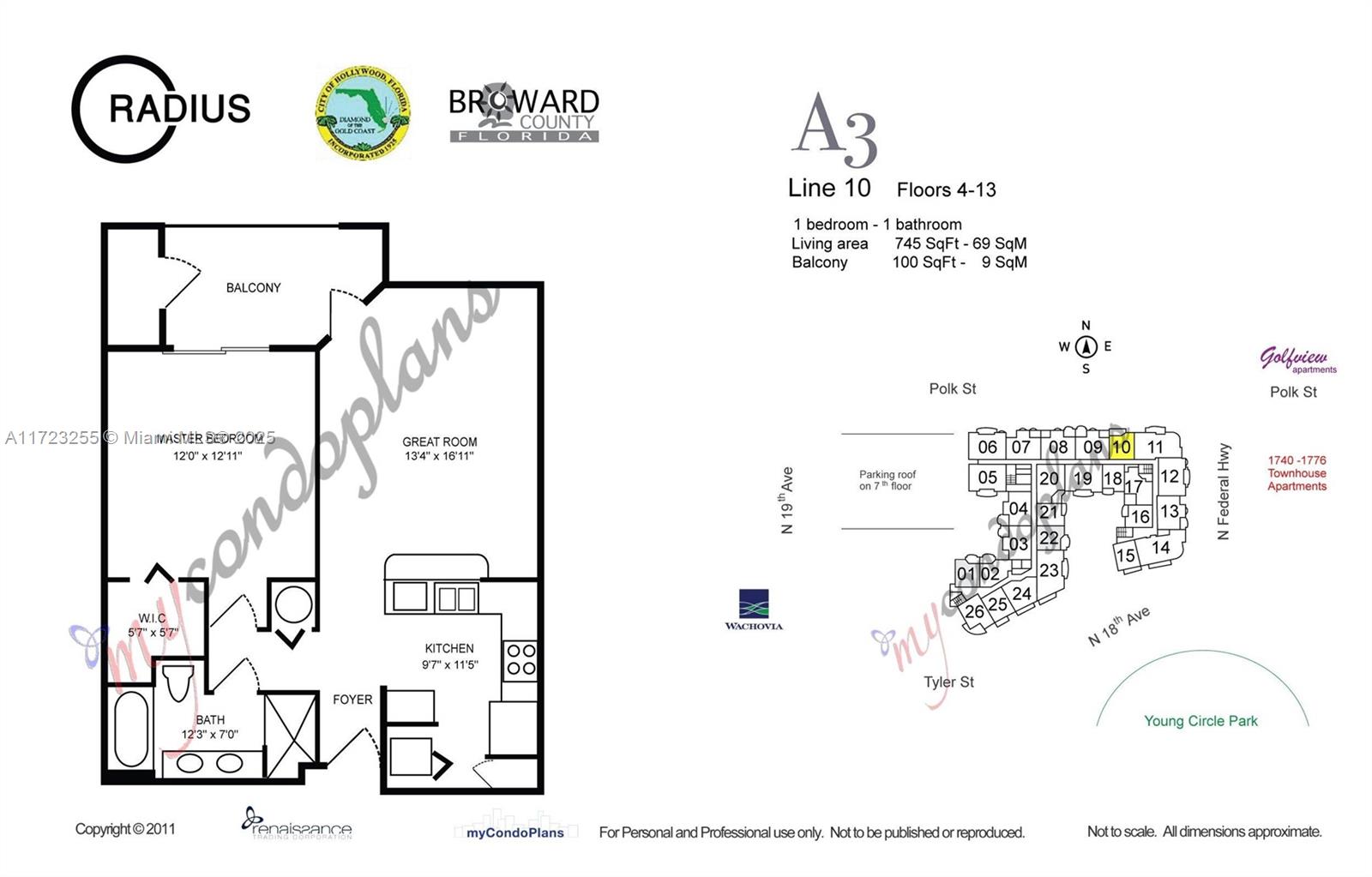 This floor plan shows a one-bedroom, one-bathroom apartment layout with a balcony and kitchen — 1830 Radius Dr # 810, Hollywood FL 33020, HOLLYWOOD, FL