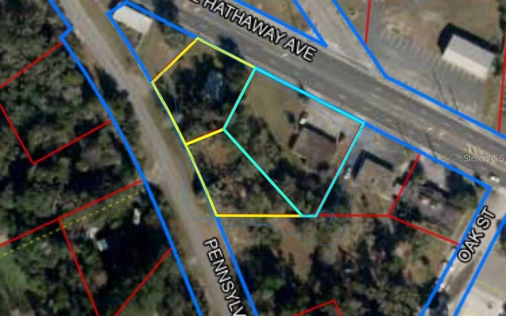 This is an aerial map showing property boundary lines overlaid on a residential lot — 602 HATHAWAY AVENUE, BRONSON, FL