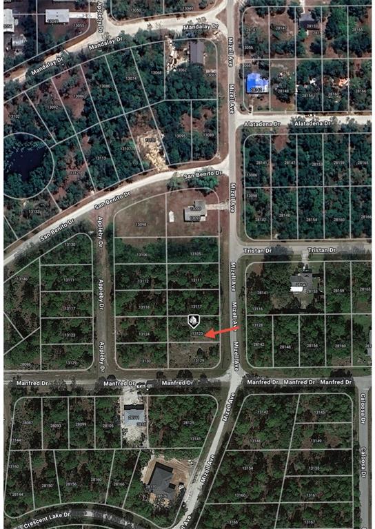 This is an aerial map showing a vacant residential lot highlighted with a red arrow — 13123 MIZELL AVENUE, PUNTA GORDA, FL