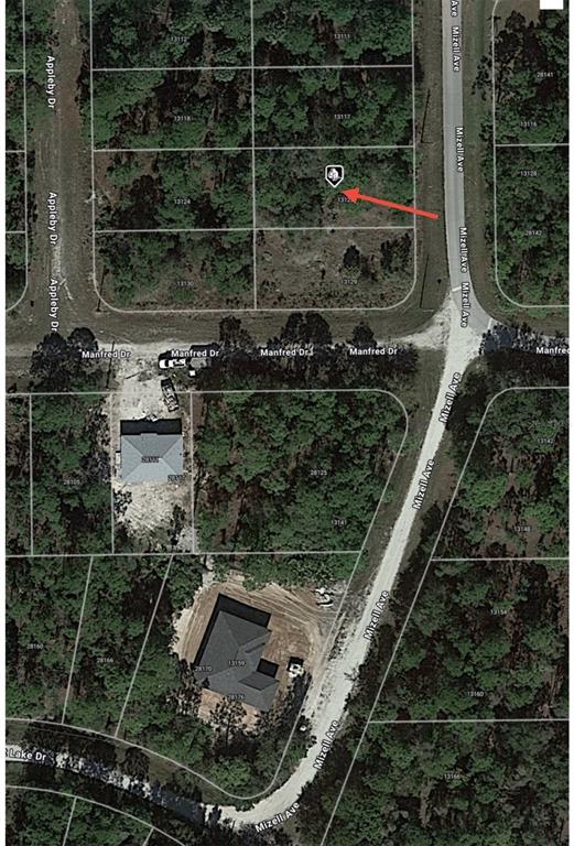 This is an aerial map showing a vacant residential lot marked with a red arrow — 13123 MIZELL AVENUE, PUNTA GORDA, FL