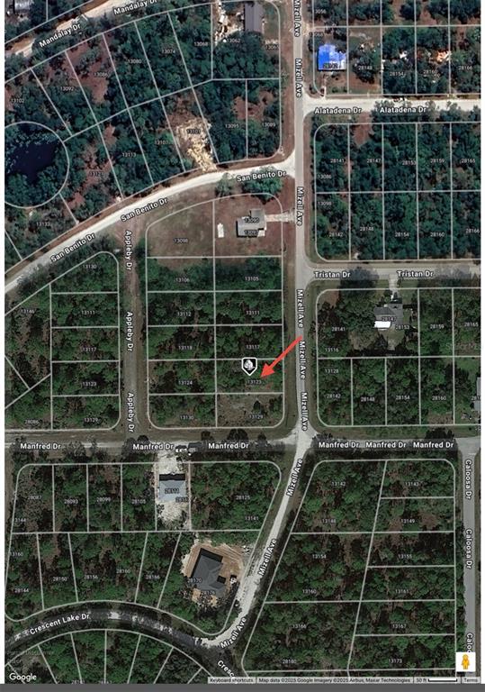 An aerial map view shows a vacant residential lot marked with a pin on Mizell Avenue — 13123 MIZELL AVENUE, PUNTA GORDA, FL