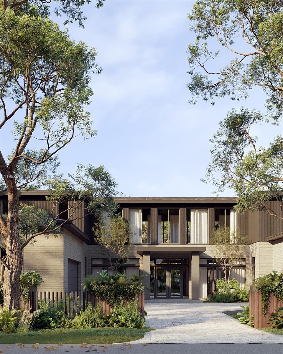 A digital rendering of a modern two-story house with a brick facade and wooden accents — 7020 SW 94th St, Pinecrest FL 33156, PINECREST, FL