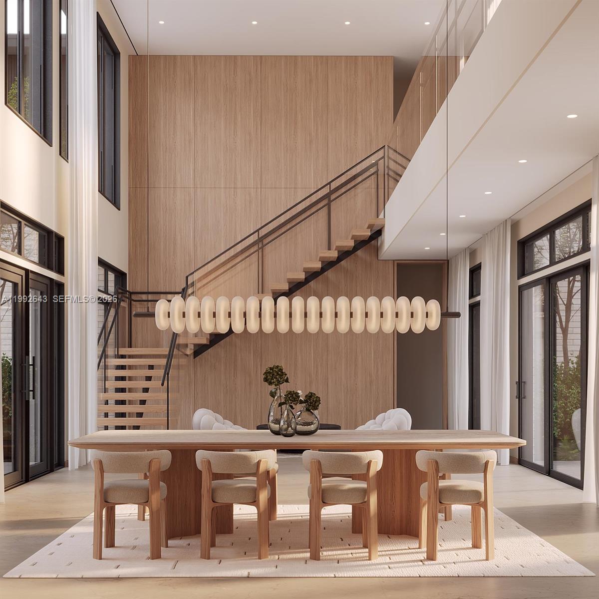 This rendering shows a modern dining room with a wooden staircase and a linear chandelier — 7020 SW 94th St, Pinecrest FL 33156, PINECREST, FL