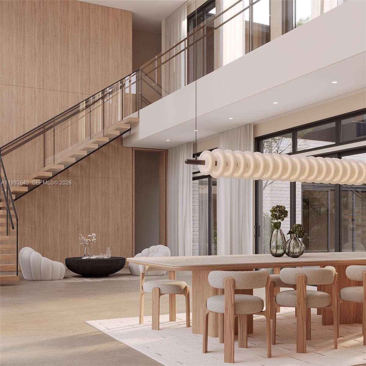 This is a rendering of a modern dining room with a staircase and wood paneling — 7020 SW 94th St, Pinecrest FL 33156, PINECREST, FL