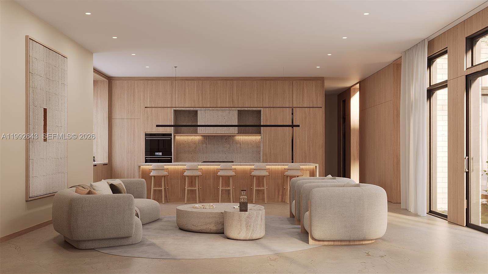 This is a rendering of a modern open-concept kitchen and living area with wood cabinetry — 7020 SW 94th St, Pinecrest FL 33156, PINECREST, FL