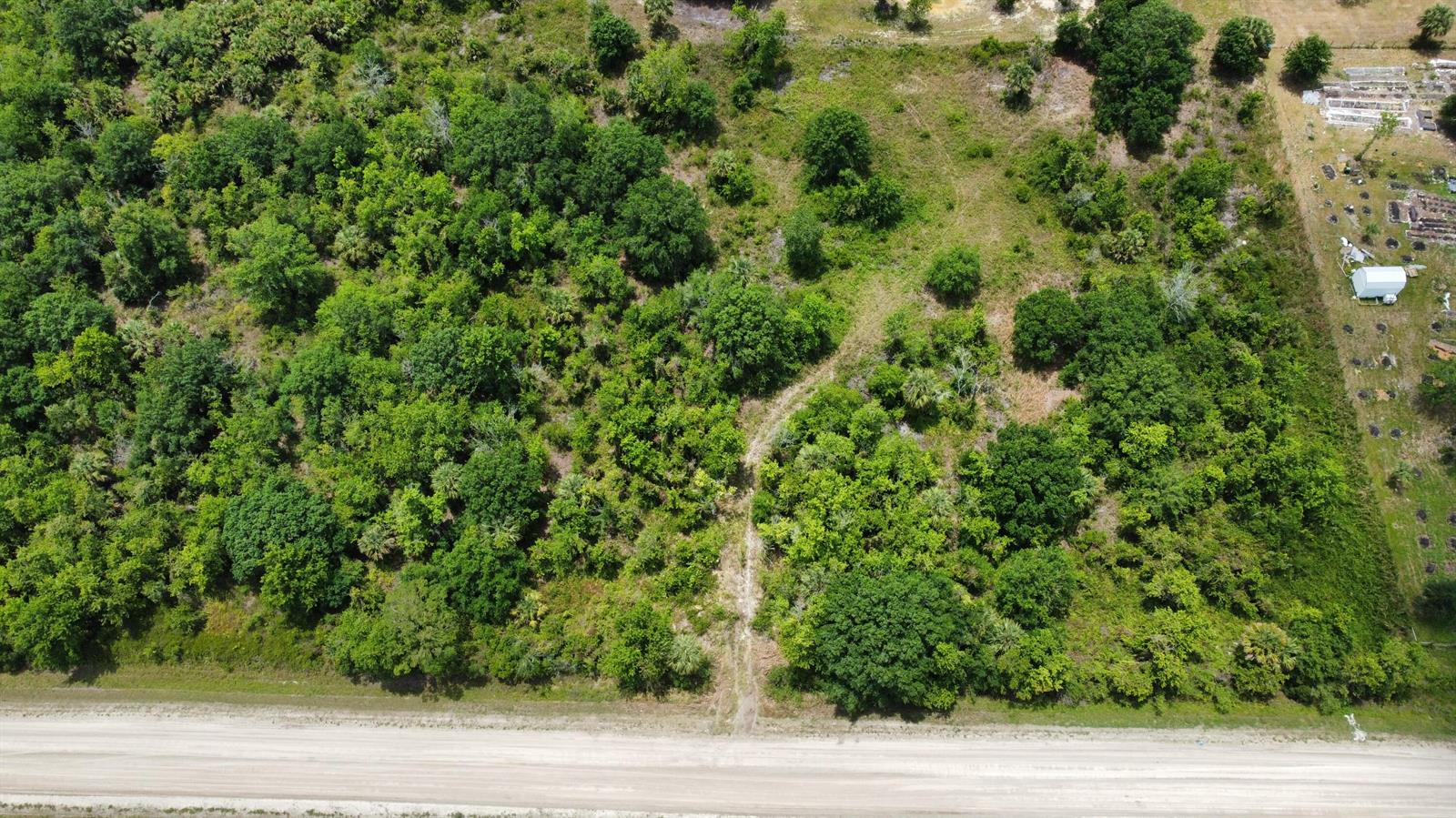 An aerial view shows a dirt road bordering a large, wooded, and undeveloped plot of land — 16436 NW 256th Street, Okeechobee FL 34972, OKEECHOBEE, FL