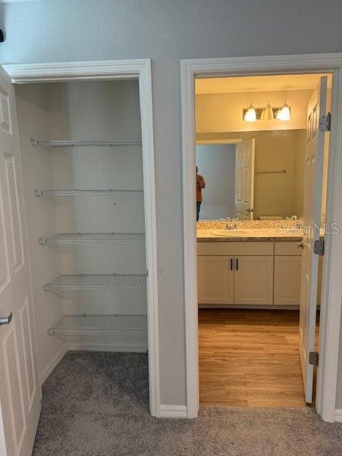 A walk-in closet with wire shelving sits next to an open doorway leading to a bathroom — 3071 FIELDWOOD CIRCLE, ST CLOUD, FL