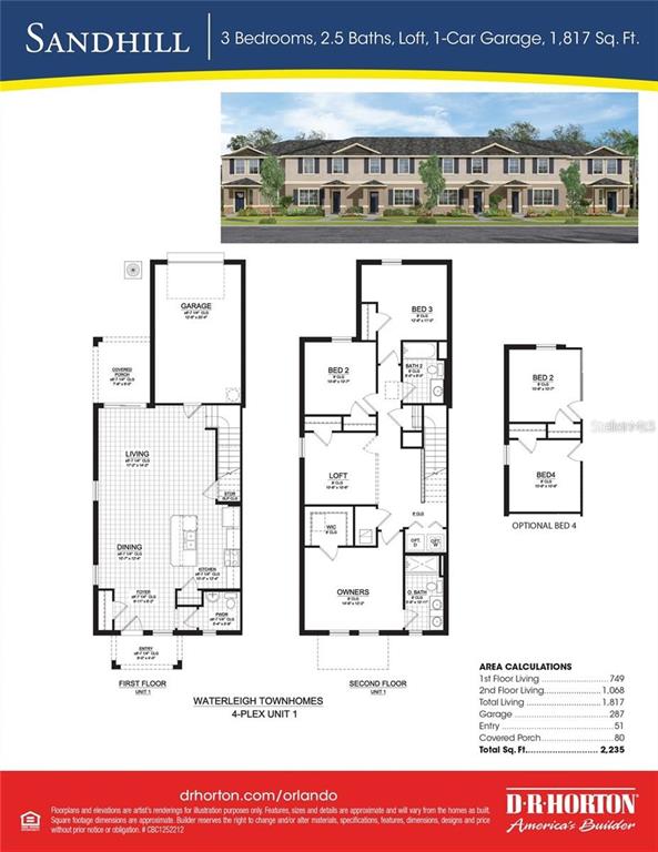 This is a floor plan rendering for a three-bedroom, 2.5-bath townhome with a one-car garage — 11092 GREAT ROCK STREET, WINTER GARDEN, FL