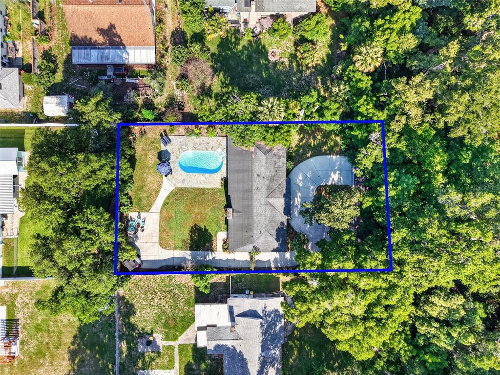 An aerial view shows a house with a pool, patio, and circular driveway on a lot — 414 W 12TH AVENUE, MOUNT DORA, FL