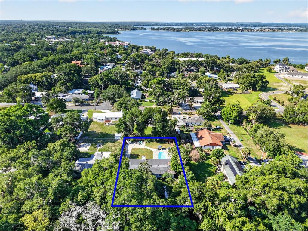 An aerial view shows a residential property with a pool and trees outlined in blue — 414 W 12TH AVENUE, MOUNT DORA, FL