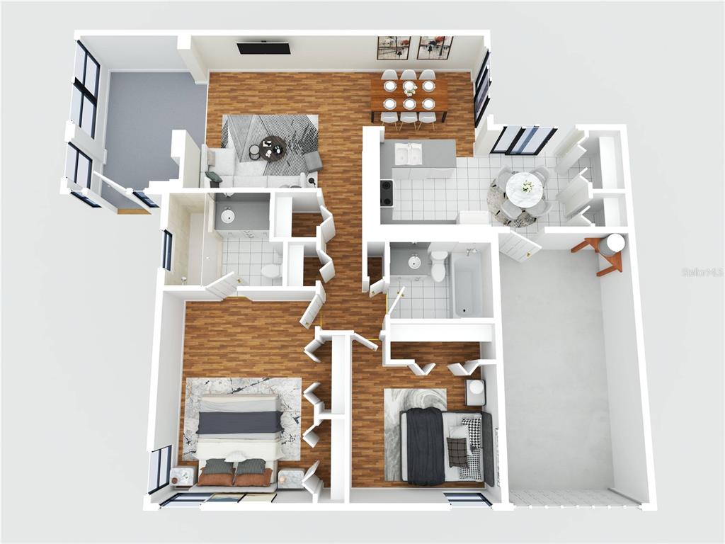 This is a 3D floor plan rendering of a two-bedroom apartment with a balcony — 7636 HAIG COURT, NEW PORT RICHEY, FL