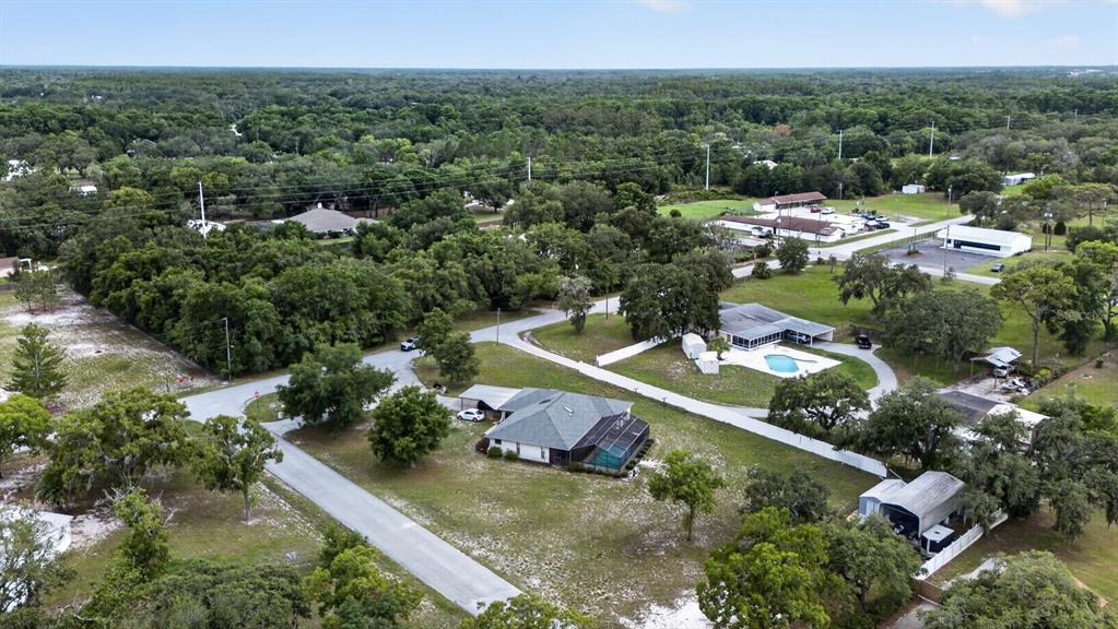 An aerial view shows several houses with swimming pools and driveways surrounded by trees — 11501 MINNIEOLA DRIVE, NEW PORT RICHEY, FL