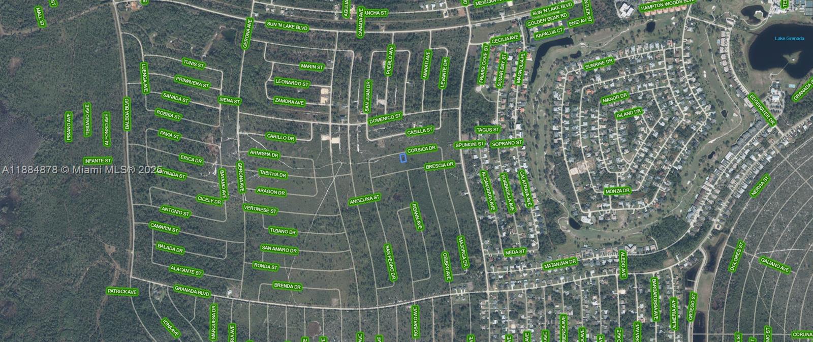 This is an aerial map view of a residential neighborhood with many undeveloped lots — 5008 Corsica Drive, Sebring FL 33872, SEBRING, FL