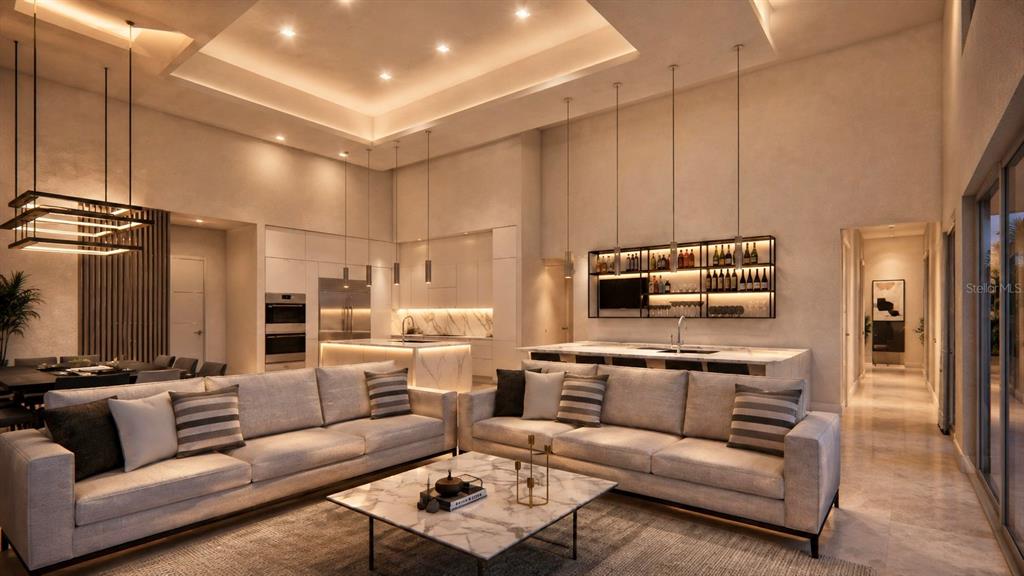 This rendering shows a modern open-concept living room and kitchen with neutral tones and lighting — 440 S LIME AVENUE, SARASOTA, FL