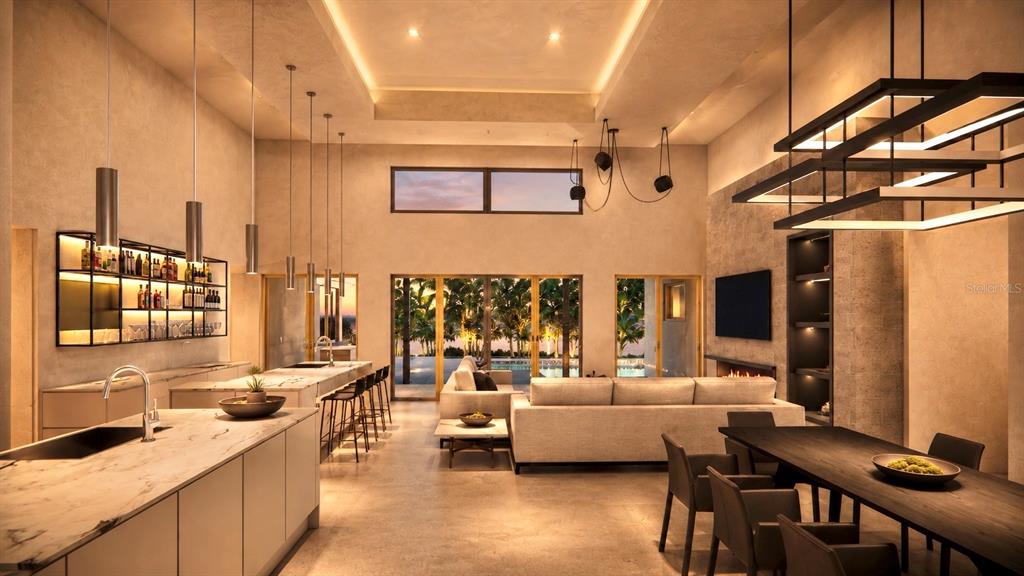 This rendering shows a modern open-concept living area with a kitchen, dining space, and patio — 440 S LIME AVENUE, SARASOTA, FL