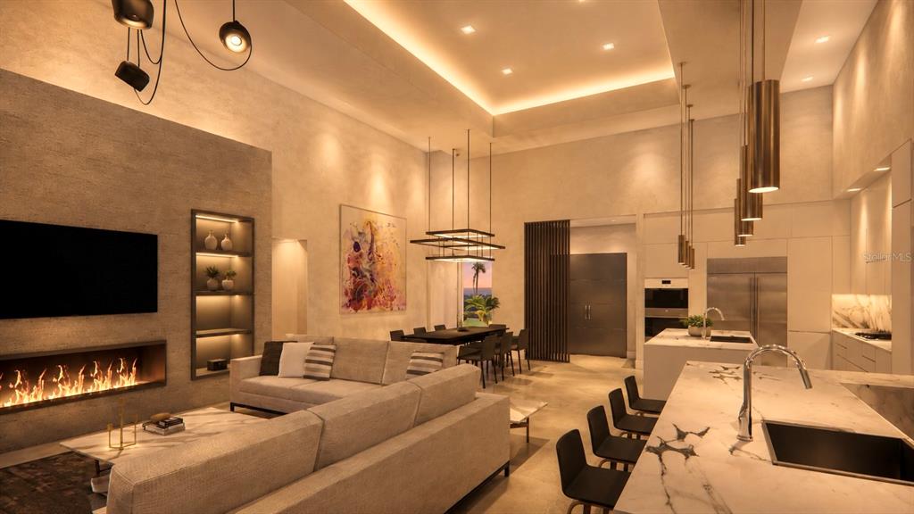 This rendering shows an open-concept living room and kitchen with modern finishes and high ceilings — 440 S LIME AVENUE, SARASOTA, FL