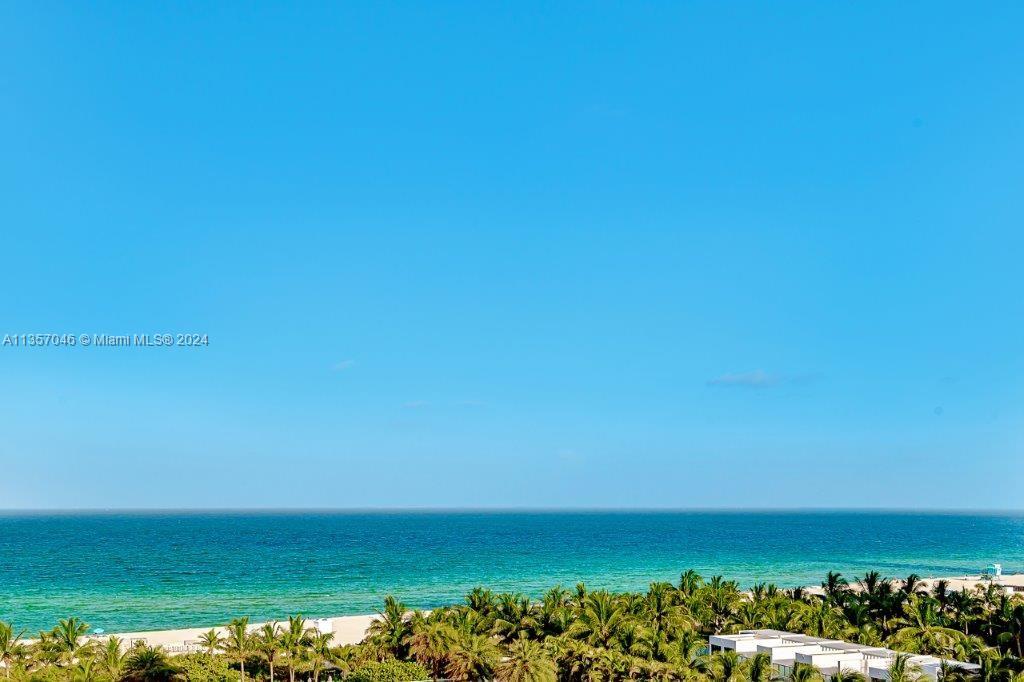 A high-angle view shows a sandy beach, palm trees, and the blue ocean — 2301 Collins Ave # 842, Miami Beach FL 33139, MIAMI BEACH, FL